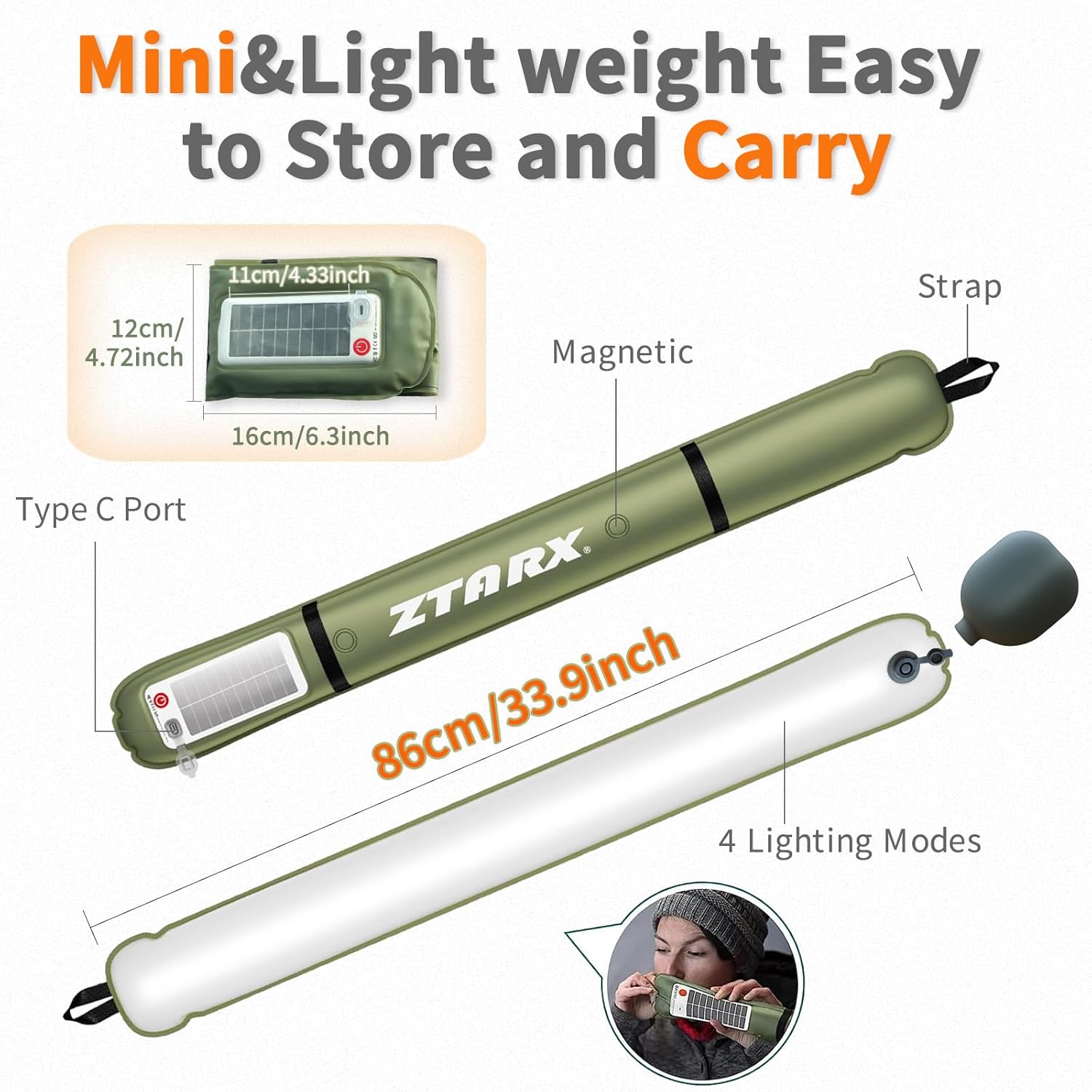 Inflatable Solar Camping Lantern,Usb Rechargeable,4 Lighting Modes,Ip66 Waterproof,Portable and Lightweight Tent Light